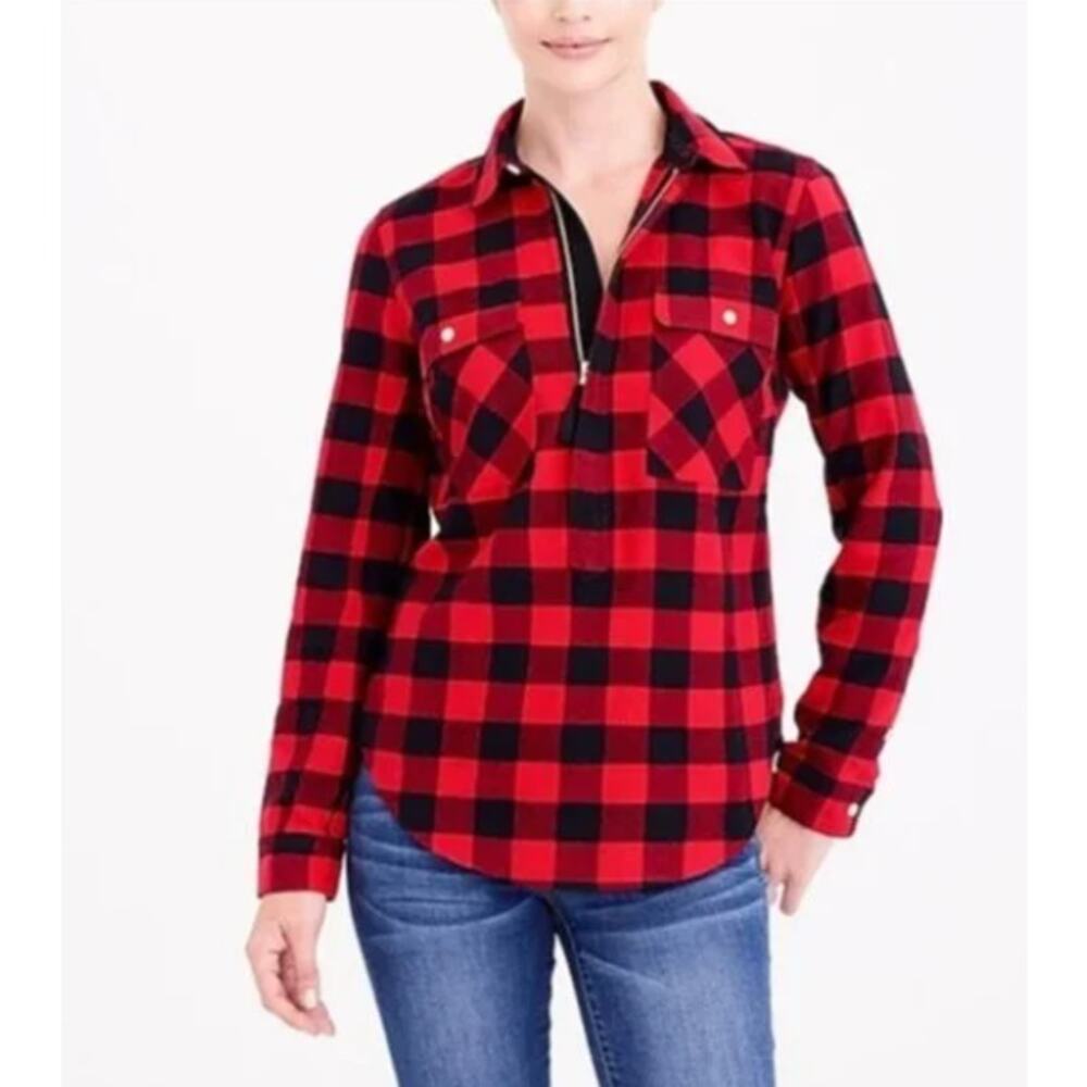 J CREW Buffalo Check Shirt Jacket Flannel Half Zip Red Blue Plaid Shacket sz S